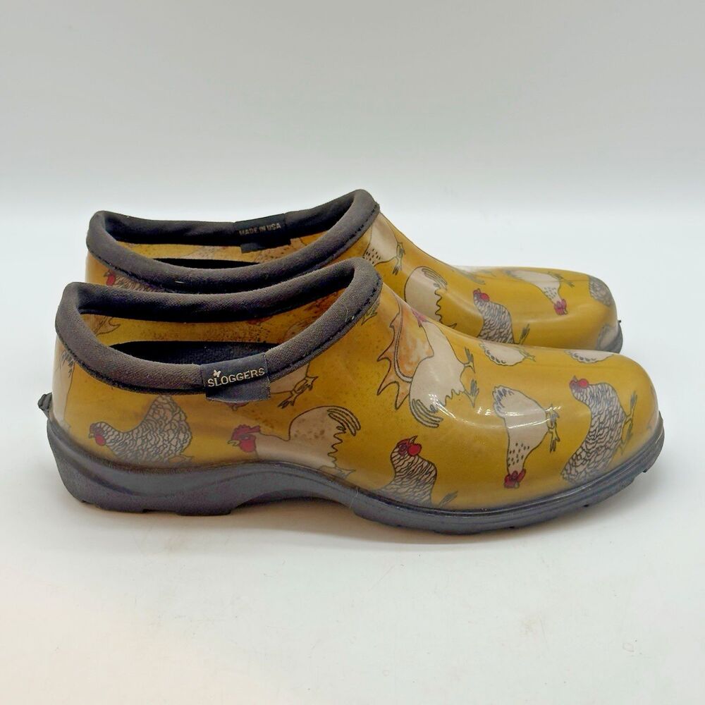 Sloggers Rain & Garden Shoes Women's 7 Waterproof Slip On Yellow Chicken Print